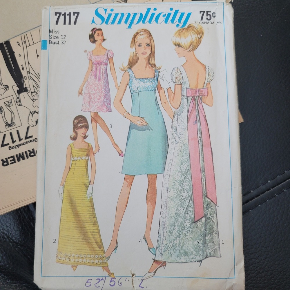 Vintage Simplicity 7117 Empire Waist A-Line Dress Sewing Pattern Size 12 Bust 32